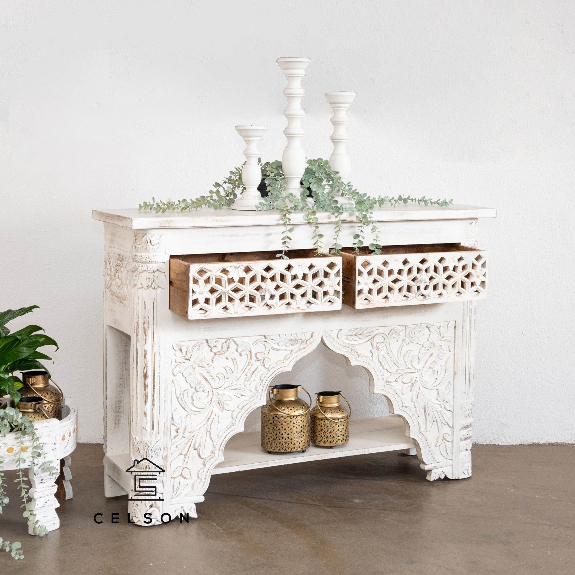 Penny Hand Carved Wooden Console Table