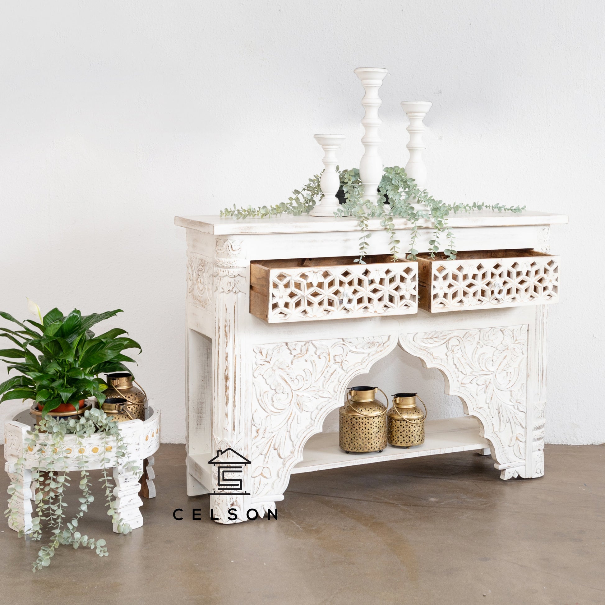 Penny Hand Carved Wooden Console Table