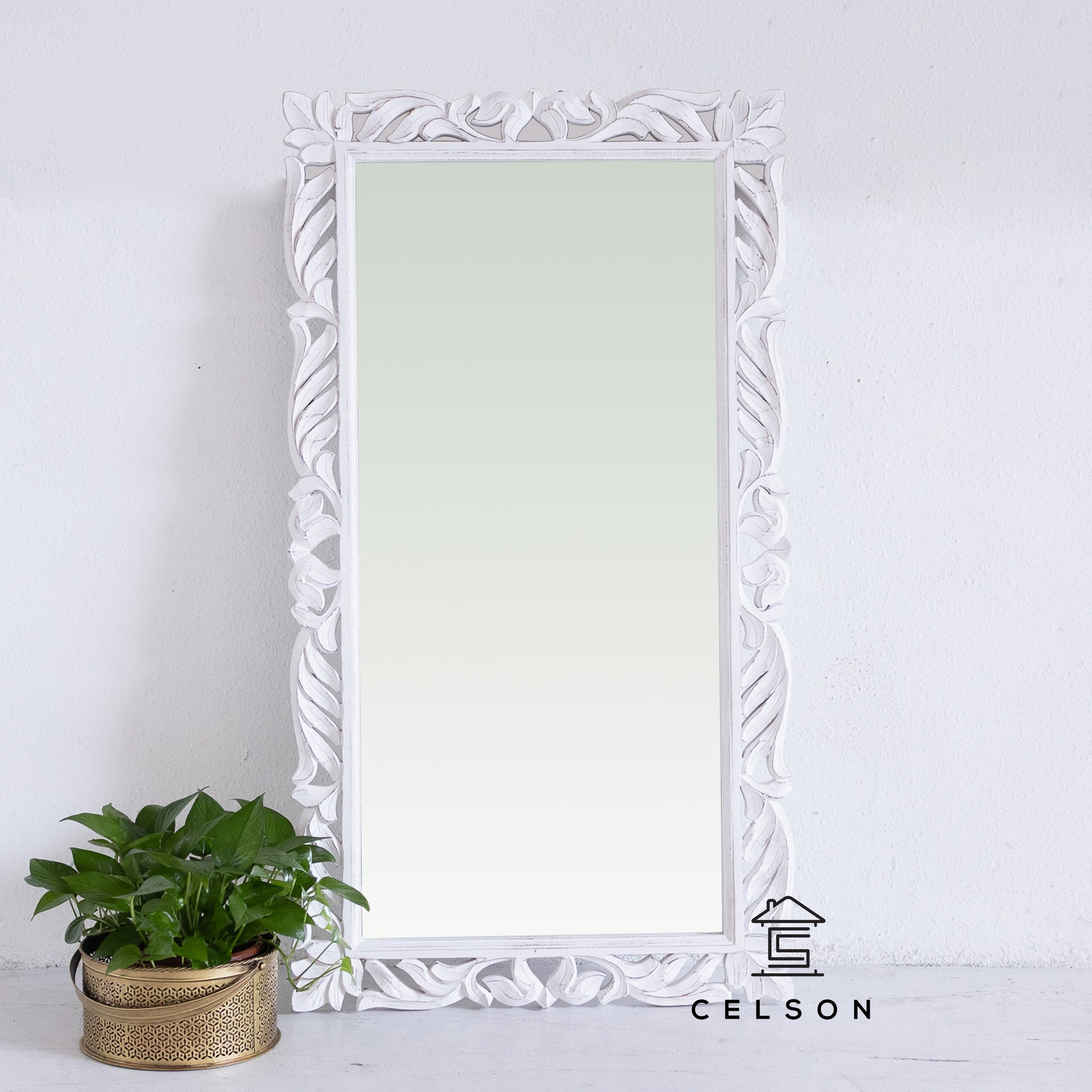 Simmi Carved White Mirror