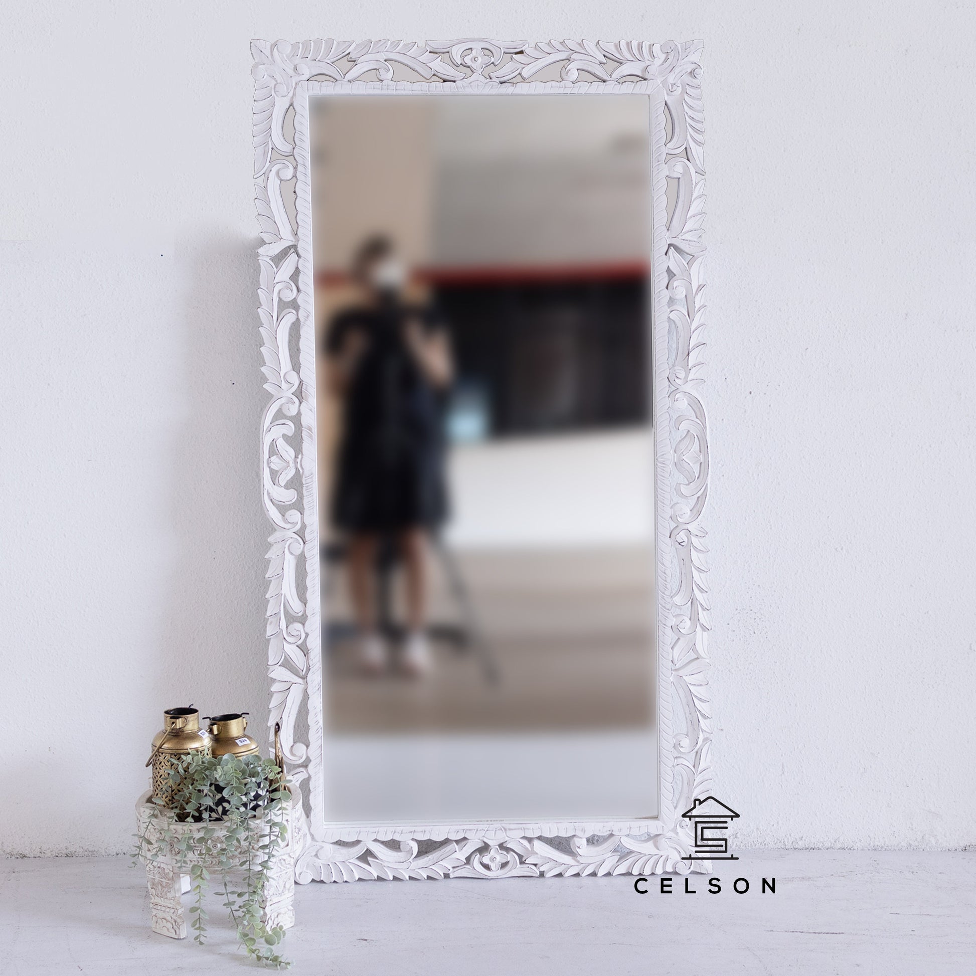 Simmi Carved White Mirror