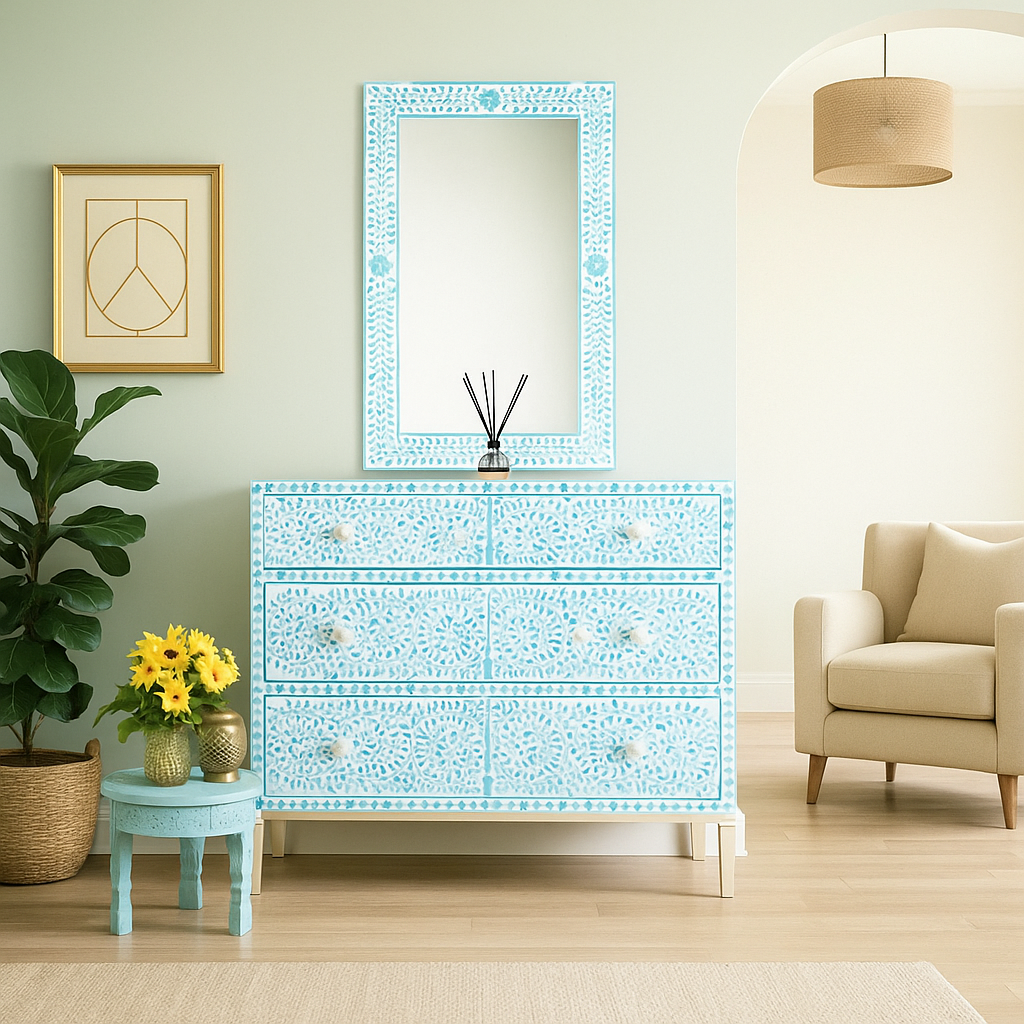 Vega Bone Inlay Chest and Mirror