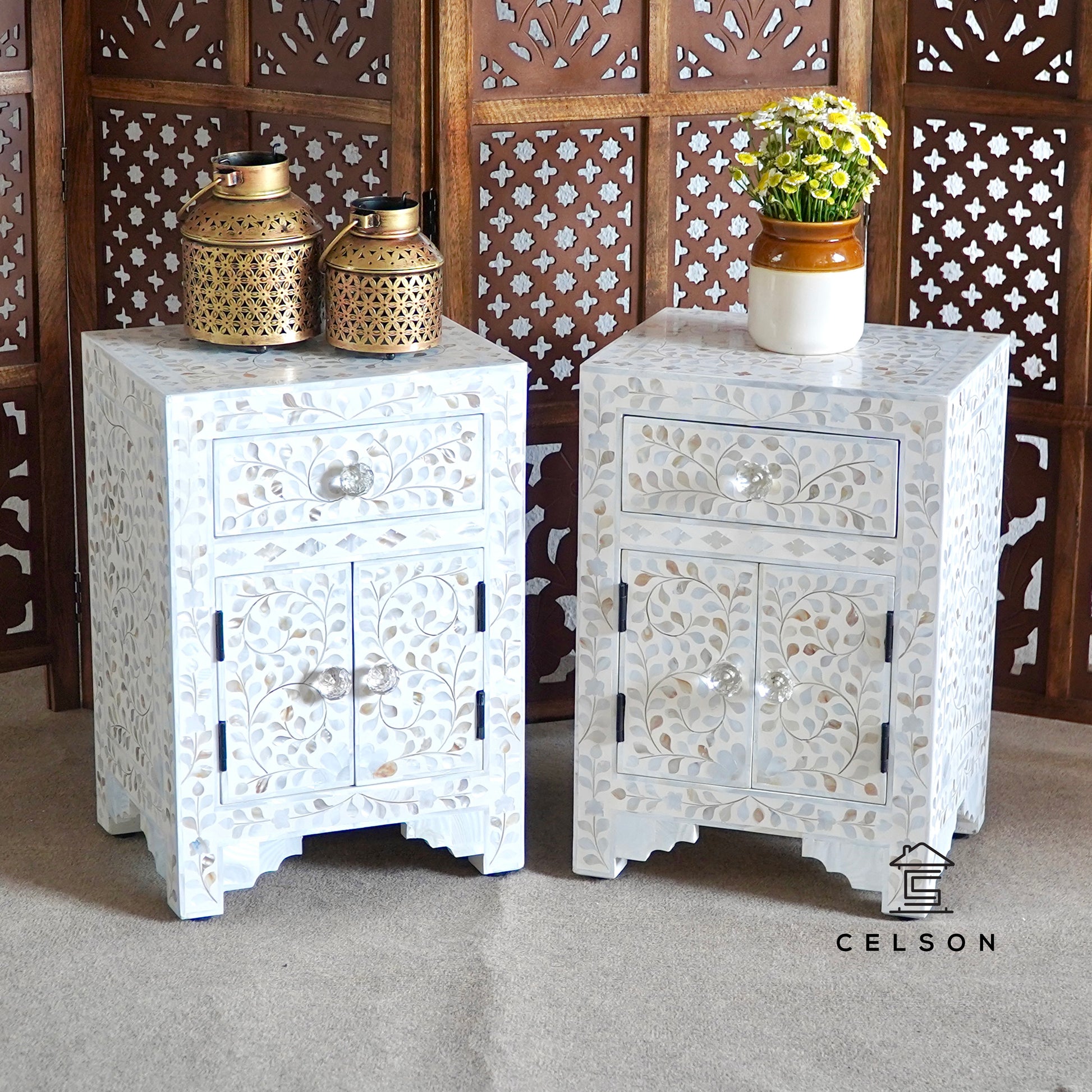 Lily Mother of pearl Inlay Bedside