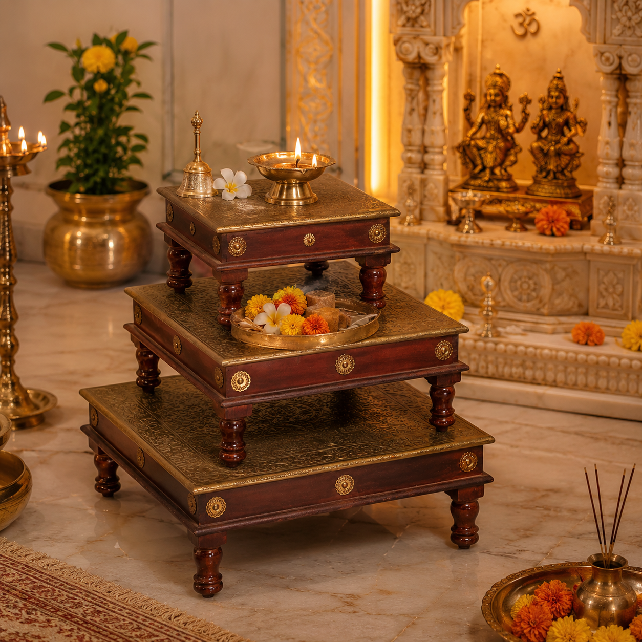 Aadhya Brass Fitted Wooden Chowki Set/3