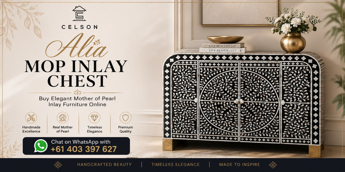 Alia MOP Inlay Chest: Buy Elegant Mother of Pearl Inlay Furniture Online | Celson