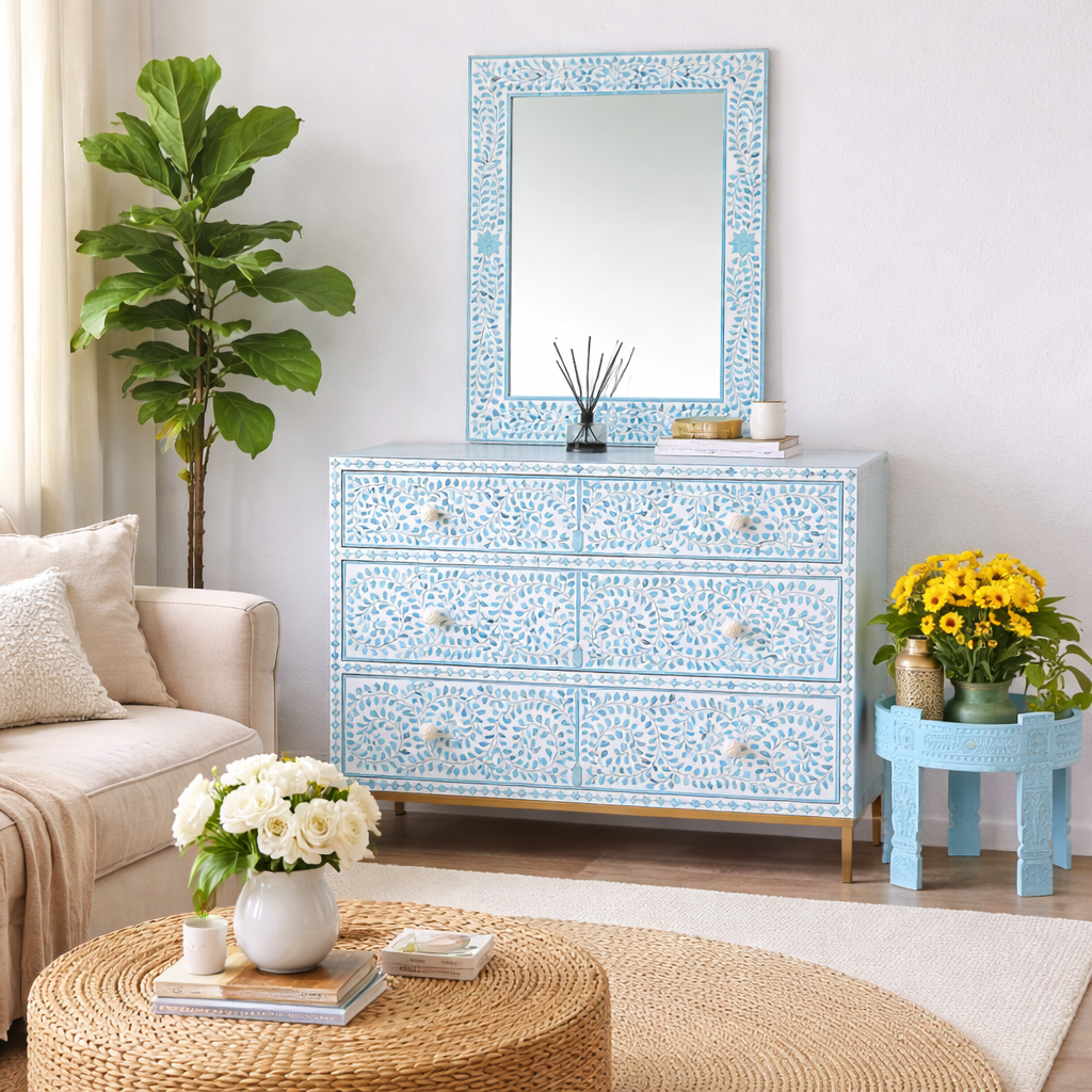 Vega Bone Inlay Chest and Mirror