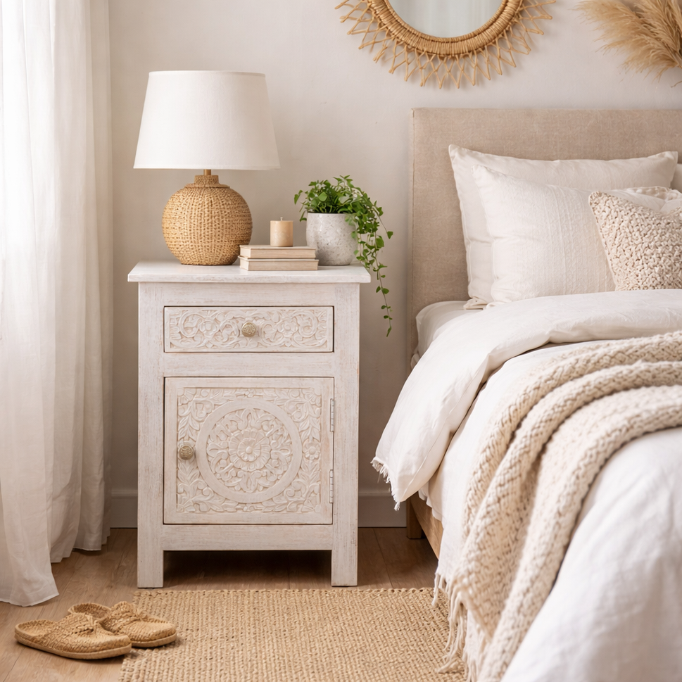Rainie Hand Carved Wooden Bedside
