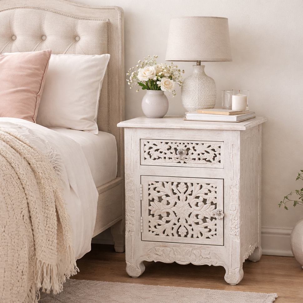 Deena Hand Carved Wooden Bedside