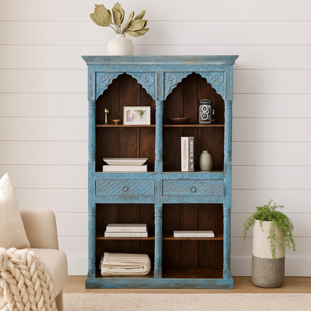 Blue Carved Bookshelf