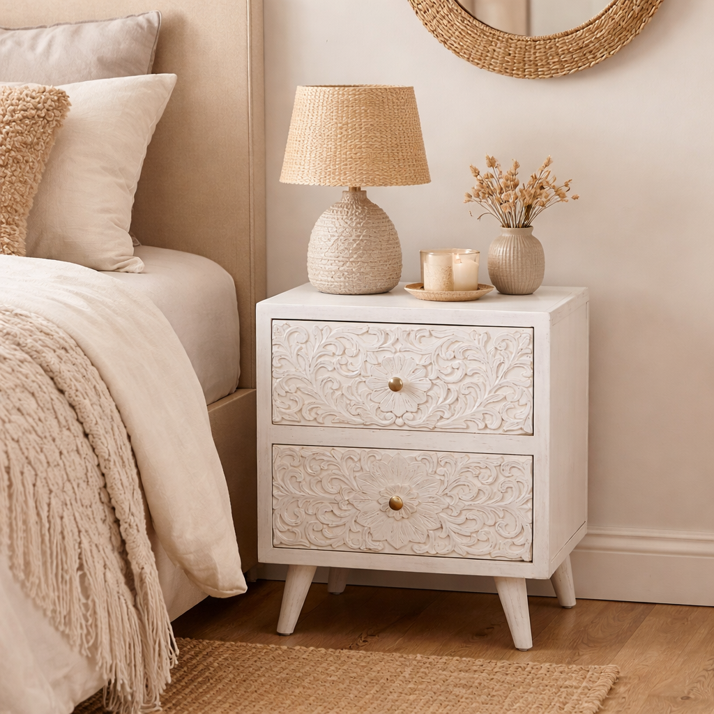 Noel Hand Carved Wooden Bedside