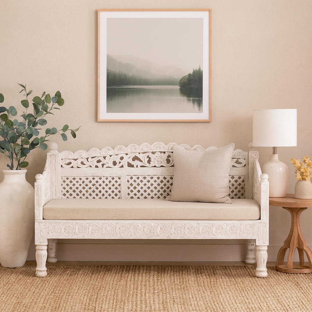 Ethan Wooden Hand Carved 3 Seater Sofa with Cushion Seat