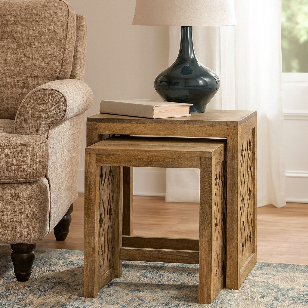 Alexa Hand Carved Wooden Nesting Tables