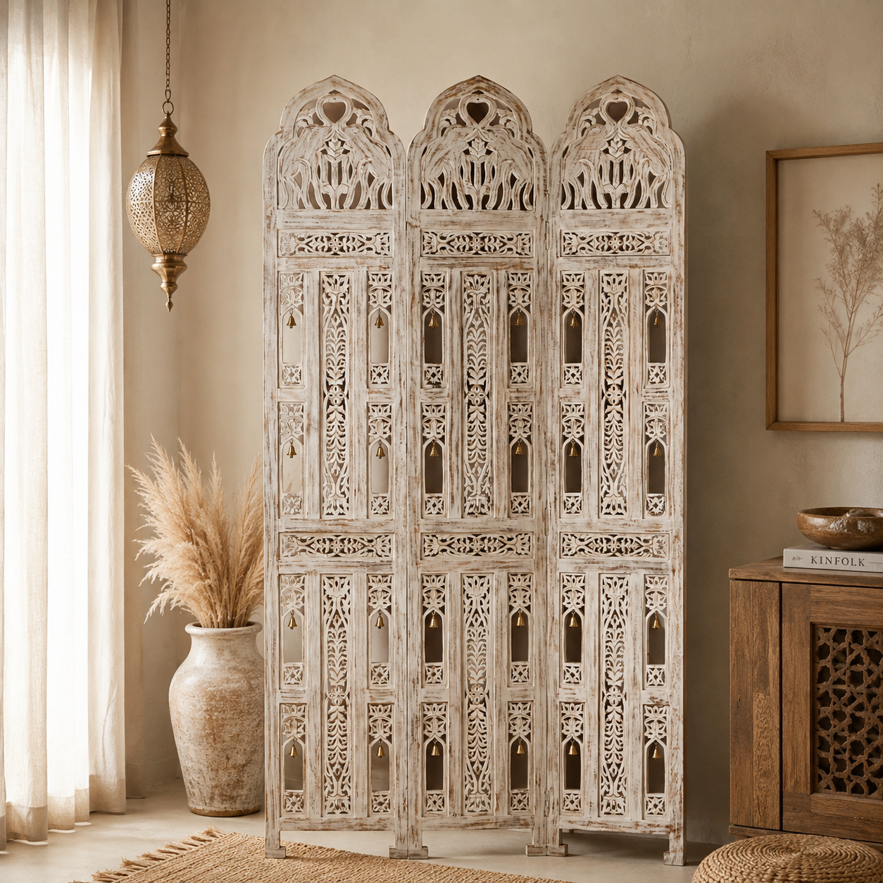Akira Hand Carved Room Divider with Brass bells