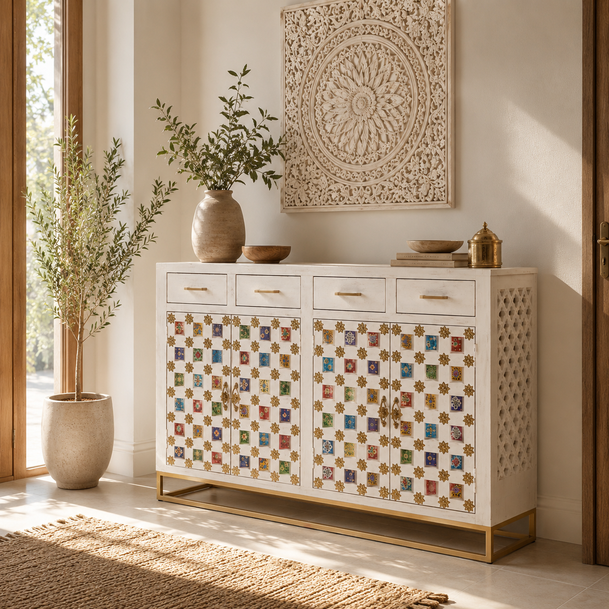 Essa Hand carved Wooden Shoe Cabinet