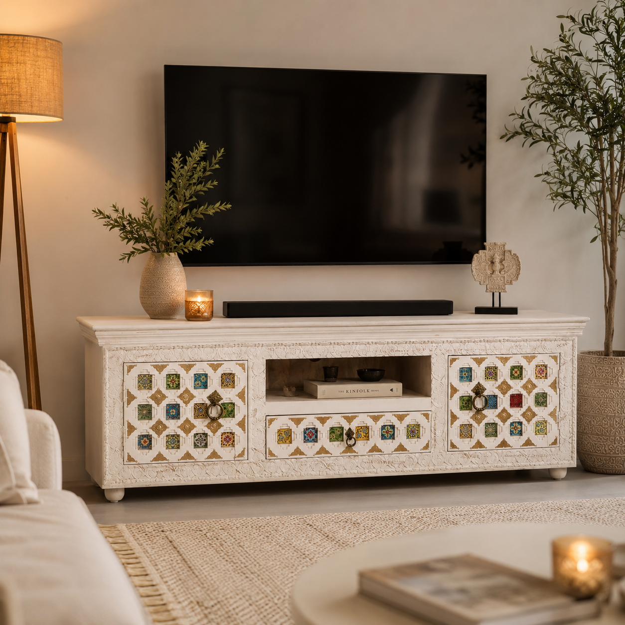 Delphine Hand Carved Tile TV Cabinet